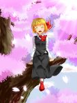  1girl :d ^_^ blonde_hair cherry_blossoms closed_eyes hair_ribbon in_tree open_mouth petals ribbon rody_(hayama_yuu) rumia shirt sitting sitting_in_tree skirt smile touhou tree vest 