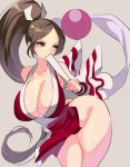  1girl ass breasts brown_eyes brown_hair cleavage collarbone covering_mouth fan grey_background high_ponytail hohehohe king_of_fighters large_breasts loincloth long_hair ponytail shiranui_mai simple_background solo 