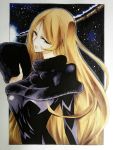  1girl black_dress blonde_hair breasts capelet dress fur_hat ginga_tetsudou_999 green_eyes hat hat_removed headwear_removed highres kojima_sarako large_breasts lips long_hair maetel solo space star_(sky) traditional_media ushanka very_long_hair 