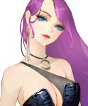  1girl bare_shoulders blue_eyes blush breasts cleavage highres jewelry lips lipstick long_hair makeup mascara mole mole_under_eye necklace original orry purple_hair solo 