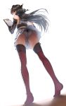  1girl ass brown_hair clipboard from_below headgear holding kabocha kantai_collection long_hair looking_at_viewer nagato_(kantai_collection) no_shoes panties perspective pleated_skirt red_eyes skirt solo thigh-highs underwear upskirt white_background 
