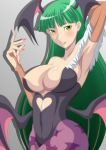  1girl absurdres breasts cleavage commentary_request green_hair head_wings highres huge_breasts igatto leotard long_hair looking_at_viewer morrigan_aensland parted_lips solo tagme vampire_(game) wings yellow_eyes 