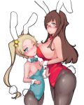  2girls animal_ears blonde_hair blue_eyes blush_stickers breasts brown_eyes brown_hair bunny_girl bunny_tail bunnysuit fishnet_pantyhose fishnets glasses large_breasts long_hair glasses_chuu multiple_girls original pantyhose rabbit_ears small_breasts standing tail twintails wrist_cuffs 