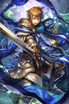  1boy armor blue_eyes brown_hair highres inishie_no_megami_to_houseki_no_ite official_art open_mouth short_hair solo sword terai_(teraimorimori) weapon 