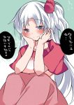 1girl blanket blush commentary_request hair_bobbles hair_ornament hammer_(sunset_beach) long_hair looking_at_viewer shinki side_ponytail silver_hair smile solo touhou touhou_(pc-98) translation_request violet_eyes 