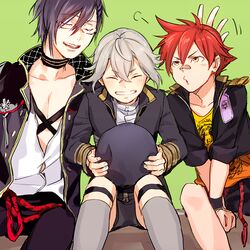  3boys ^_^ aizen_kunitoshi akashi_kuniyuki bandaid bandaid_on_nose black_hair closed_eyes glasses grin hat hat_removed headwear_removed holding holding_hat hotarumaru ichinose777 kneehighs male_focus multiple_boys open_mouth redhead silver_hair smile touken_ranbu yellow_eyes 