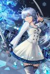  1girl blue_eyes boots city dress rwby sword thigh-highs thigh_boots weapon weiss_schnee white_hair 