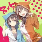  1boy 1girl amamiya_hibiya animal_hood brown_eyes brown_hair hood hoodie kagerou_project kisaragi_momo short_hair side_ponytail smile utaori 