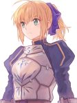  1girl ahoge armor blonde_hair fate/stay_night fate_(series) green_eyes nanameni ponytail saber short_hair simple_background solo white_background 