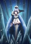  1girl akame_ga_kill! blue_eyes blue_hair boots breasts choker cleavage collarbone esdeath hat highres ice ice_pick large_breasts long_hair looking_at_viewer military military_uniform peaked_cap rapier smile solo sword thigh-highs thigh_boots uniform very_long_hair weapon 