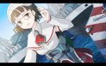  1girl blue_sky brown_eyes brown_hair capelet detached_sleeves glasses highres kantai_collection letterboxed long_sleeves machinery open_mouth roma_(kantai_collection) short_hair skirt sky solo striped tamae_(pixiv40276) turret water 