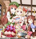  3girls apron bowl cake closed_eyes demon_girl demon_wings egg fangs flandre_scarlet floral_print food food_on_clothes food_on_face fruit grey_eyes hat head_wings hong_meiling horns kitchen koakuma licking_lips long_hair multiple_girls necktie open_mouth puffy_short_sleeves puffy_sleeves red_eyes redhead shirt short_sleeves skirt skirt_set smile spilling star strawberry tongue tongue_out touhou tsurukou_(tksymkw) very_long_hair vest whipped_cream whisk wings wiping_face 
