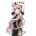  1girl alternate_costume aqua_eyes belt exit_tunes hands_on_own_head headset highres kanzaki_hiro long_hair megurine_luka pink_hair solo transparent_background vocaloid 