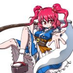  1girl breasts coin collarbone hanya_(hanya_yashiki) knee_up layered_dress looking_at_viewer obi onozuka_komachi outstretched_hand reclining red_eyes redhead sandals sash scythe short_hair short_sleeves simple_background smile solo tabi touhou twintails white_background 