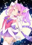  1girl alternate_costume alternate_hair_color alternate_hairstyle armpits earrings elbow_gloves gloves grin jewelry jewriel league_of_legends looking_at_viewer luxanna_crownguard one_eye_closed parody pink_hair ponytail smile solo star star_earrings thigh-highs tiara violet_eyes 
