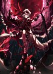  1girl absurdres azuki_(azuki-taste) bat_wings belt black_gloves capelet evil_smile full_moon gloves highres holding_weapon looking_at_viewer mob_cap moon polearm red_eyes red_moon remilia_scarlet shoes skull smile solo spear spear_the_gungnir standing thigh_strap touhou weapon wings 