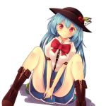  1girl blue_hair boots bow covering covering_crotch food fruit hat hinanawi_tenshi long_hair oimo_(imoyoukan) peach puffy_short_sleeves puffy_sleeves red_eyes shirt short_sleeves sitting skirt smile solo spread_legs thighs touhou upskirt v_arms very_long_hair 