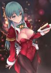  1girl alternate_costume aqua_eyes aqua_hair bell blurry blurry_background breasts cake capelet christmas christmas_tree_hair_ornament cleavage closed_mouth food fur_trim hair_between_eyes hair_ornament hairclip highres holding holding_plate kantai_collection large_breasts leotard lips long_hair long_sleeves looking_at_viewer night pantyhose parfaitlate plate red_leotard santa_costume smile solo suzuya_(kantai_collection) upper_body wide_hips 