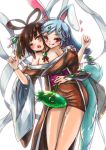  2girls :3 :q animal_ears blue_hair blush bracelet brown_hair bunny_tail chang&#039;e choker green_eyes hair_ornament hair_rings hair_stick heart highres hug hug_from_behind japanese_clothes jewelry long_hair multiple_girls off_shoulder open_mouth original rabbit_ears red_eyes rocknroll shawl tail thighs tongue tongue_out wide_sleeves yuri 