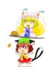  2girls :3 :d absurdres animal_ears blonde_hair brown_hair cat_ears chen drooling fang food food_in_mouth food_on_face highres long_hair mob_cap multiple_girls multiple_tails nekomata open_mouth short_hair smile tail touhou two_tails yakumo_ran 
