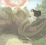  1girl absurdres animal barefoot bird black_hair brown_eyes dress forest halterneck highres long_hair nature original orz_(orz57) oversized_animal phoenix smile snake tree_stump very_long_hair white_dress 