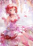  1girl 77gl :o arms_up breasts choker cleavage collarbone dress earrings flower flower_earrings frilled_dress frills hair_flower hair_ornament jewelry layered_dress love_live!_school_idol_project nishikino_maki pink redhead ribbon short_hair violet_eyes wisteria 