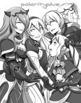 2boys 3girls armor camilla_(fire_emblem_if) cape clinging crying daniel_macgregor fire_emblem fire_emblem_if girl_sandwich gloves hair_between_eyes hair_over_one_eye hair_ribbon hairband height_difference long_hair marx_(fire_emblem_if) multiple_boys multiple_girls my_unit_(fire_emblem_if) pointy_ears ribbon sandwiched short_hair smile sweatdrop twintails 