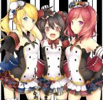  3girls :d \m/ ayase_eli bare_shoulders black_gloves black_hair blonde_hair blue_eyes cafe_maid checkered cowboy_shot double_\m/ elbow_gloves frills garter_straps gloves hair_between_eyes hand_on_hip hat height_difference koruta_(nekoimo) looking_at_viewer love_live!_school_idol_project mini_top_hat miniskirt multiple_girls musical_note nico_nico_nii nishikino_maki off_shoulder open_mouth pleated_skirt reaching_out red_eyes redhead serious short_hair short_twintails skirt smile thigh-highs top_hat twintails violet_eyes yazawa_nico 