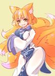  1girl animal_ears blonde_hair breasts dress fox_ears fox_tail grin hands_in_sleeves large_breasts long_sleeves looking_at_viewer multiple_tails nama_shirasu smile solo tabard tail touhou white_dress wide_sleeves yakumo_ran yellow_eyes 