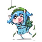  &gt;_&lt; 1girl arms_up backpack bag blue_hair boots chibi cucumber flat_cap hanya_(hanya_yashiki) hat heart heart_in_mouth kawashiro_nitori key long_sleeves open_mouth rubber_boots shadow short_hair simple_background skirt skirt_set solo touhou twintails white_background 