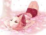  1girl cherry_blossoms hair_ornament lying natsu_(natume0504) on_back petals pink pink_eyes pink_hair school_uniform serafuku short_hair shorts solo 