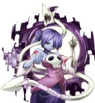 1girl bone breasts detached_collar detached_sleeves layered_dress leviathan_(skullgirls) one_eye_covered paw_pose portal_(object) purple_hair ryota_tentei short_hair skeletal_arm skull skullgirls smile solo squigly_(skullgirls) stitched_mouth twintails violet_eyes 