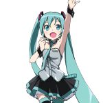  1girl aqua_eyes aqua_hair armpits exit_tunes hand_up hatsune_miku headset highres kanzaki_hiro long_hair miniskirt necktie skirt solo thigh-highs transparent_background twintails very_long_hair vocaloid 