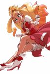  1girl absurdres blonde_hair blue_eyes bow cure_flora gloves go!_princess_precure haruno_haruka highres horikoshi_kouhei long_hair magical_girl multicolored_hair pink_hair pink_skirt precure puffy_short_sleeves puffy_sleeves red_bow shoes short_sleeves skirt smile solo streaked_hair two-tone_hair white_background white_gloves white_shoes 