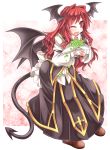  1girl demon_girl demon_tail demon_wings fang head_wings juliet_sleeves koakuma long_hair long_sleeves mumumu one_eye_closed open_mouth plant potted_plant puffy_sleeves red_eyes redhead shirt skirt skirt_set smile solo tail touhou very_long_hair vest wings 