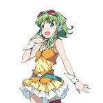  1girl aqua_eyes belt exit_tunes goggles goggles_on_head green_hair gumi headset highres kanzaki_hiro miniskirt short_hair skirt solo transparent_background vocaloid 