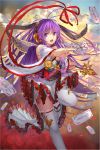  1girl bare_shoulders bird chain_chronicle detached_sleeves flower holding japanese_clothes looking_at_viewer miko obi open_mouth petals purple_hair ribbon rose sash scepter solo standing_on_one_leg talisman thigh-highs violet_eyes weiyinji_xsk white_legwear 