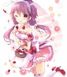  1girl ;p animal_ears apron bangs bare_shoulders basket bow breasts cleavage detached_collar dress flower food frilled_apron frilled_dress frills fruit hair_flower hair_ornament hair_ribbon heart high_heels ikari_(aor3507) layered_dress maid_headdress one_eye_closed purple_hair rabbit_ears red_shoes ribbon shoe_bow shoes solo strawberry thigh-highs tongue tongue_out twintails violet_eyes vocaloid waist_apron white_legwear wrist_cuffs yuzuki_yukari 