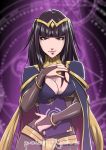  1girl bangs black_hair black_nails blunt_bangs bodystocking book breasts bridal_gauntlets cape cleavage contrapposto daniel_macgregor female fire_emblem fire_emblem:_kakusei light_smile long_hair looking_at_viewer nail_polish shoulder_pads smile solo tharja tiara two_side_up upper_body violet_eyes 