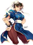  1girl bracelet brown_eyes brown_hair brown_legwear bun_cover china_dress chinese_clothes chun-li cowboy_shot double_bun earrings hands_on_hips iroyopon jewelry pantyhose puffy_short_sleeves puffy_sleeves sash short_hair short_sleeves solo spiked_bracelet spikes street_fighter thick_thighs thighs 