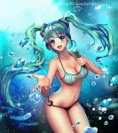  1girl bikini green_eyes green_hair hatsune_miku headphones long_hair microphone navel solo swimsuit twintails vocaloid 