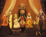  3boys 5girls aqua_hair bad_end_night_(vocaloid) black_dress blue_hair brown_hair clock dagger dress exit_tunes grandfather_clock green_hair gumi hair_ribbon hatsune_miku kagamine_len kagamine_rin kaito kamui_gakupo long_hair maid megurine_luka meiko multiple_boys multiple_girls outstretched_hand pink_hair purple_hair ribbon short_hair smile suzunosuke_(sagula) twintails very_long_hair vocaloid wallpaper weapon 