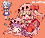  &gt;_&lt; 3girls =_= blonde_hair blue_hair bow braid crescent crescent_moon dress fang flandre_scarlet hat hat_bow izayoi_sakuya long_hair marshmallow_mille moon multiple_girls open_mouth patchouli_knowledge pillow_hat purple_hair red_bow red_dress red_eyes short_hair sweat touhou twin_braids twitter_username wings 