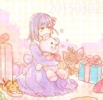  1girl child dress fate/zero fate_(series) kacoike lowres matou_sakura purple_hair solo stuffed_animal stuffed_toy teddy_bear violet_eyes 