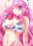  alfred arm_up bikini_top bottomless breasts etotama hat highres large_breasts long_hair moo-tan navel one_eye_closed out-of-frame_censoring pink_eyes pink_hair pointy_ears smile tongue very_long_hair 