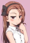  1girl blush brown_hair hair_twirling hairband idolmaster long_hair looking_at_viewer minase_iori pink_background red_eyes sleeveless small_breasts solo sweatdrop ttomm upper_body 