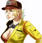  1girl absurdres baseball_cap blonde_hair breasts cidney_(final_fantasy) cleavage dirty_face final_fantasy final_fantasy_xv goggles goggles_around_neck green_eyes hat highres jacket large_breasts lips lipstick makeup nose short_hair smile solo ta-chun 