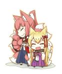  2girls :d animal_ears artist_request blonde_hair chibi closed_eyes fang fox_ears fox_tail mon-musu_quest! monster_girl multiple_girls multiple_tails open_mouth pink_hair smile tail tamamo_(mon-musu_quest!) yao_(mon-musu_quest!) 