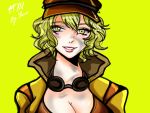  1girl baseball_cap blonde_hair breasts cidney_(final_fantasy) cleavage dirty_face final_fantasy final_fantasy_xv goggles goggles_around_neck green_background green_eyes hat kami_(kamitsure12) large_breasts lips short_hair signature smile solo upper_body 
