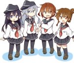  4girls :d akatsuki_(kantai_collection) anchor_symbol black_hair black_legwear black_skirt blue_eyes brown_eyes brown_hair fang flat_cap folded_ponytail hair_ornament hairclip hat hibiki_(kantai_collection) highres ikazuchi_(kantai_collection) inazuma_(kantai_collection) kantai_collection kneehighs long_hair long_sleeves multiple_girls neckerchief open_mouth pantyhose pleated_skirt ponytail school_uniform serafuku short_hair silver_hair skirt smile thigh-highs violet_eyes 